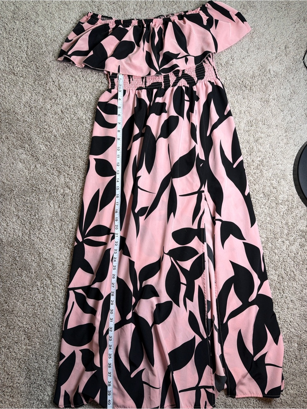 SHEIN Pink and Black Leaf-Print Off-Shoulder Maxi Dress